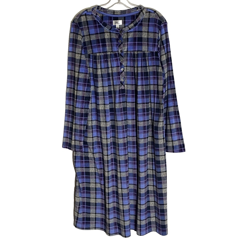 Aria Collection Nightgown Womens Large Blue Plaid Fleece Grannycore 90s Y2K L